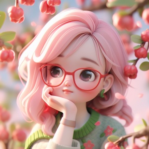一个可爱的亚洲女孩，戴粉红色眼镜，在树上摘樱桃，柔和明亮的颜色，粘土，三维模型，0C渲染，Chibi风格，popmart，迪士尼风格
