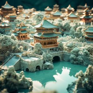 Chinese Jade Garden: Conceptual Digital Art and Environmentally Friendly Craft with Aquamarine and Gold