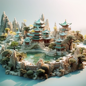 Chinese Jade Garden: Conceptual Digital Art and Environmentally Friendly Craft with Aquamarine and Gold
