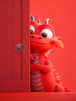 可爱的红色中国龙躲在红门背景下，皮克斯风格