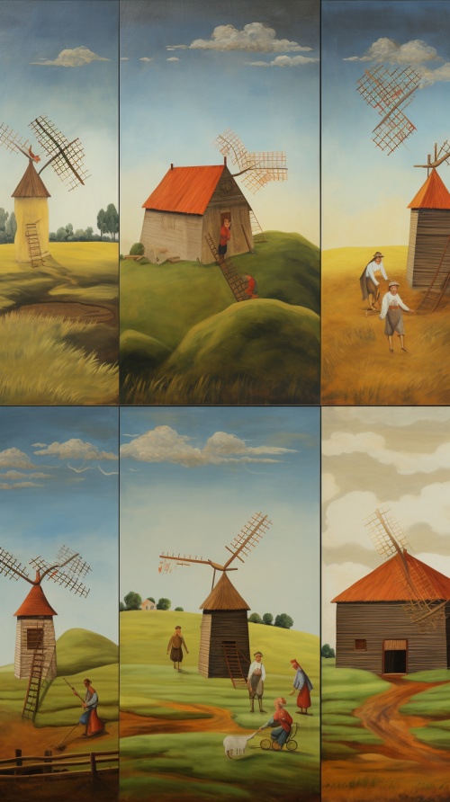 一组围绕二十大主题乡村振兴的农民画 用扁平风手法