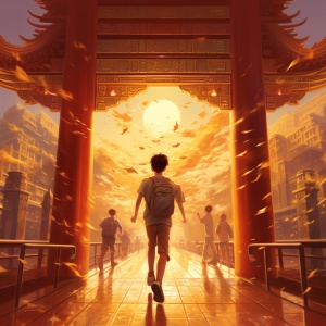 奔向未来，逐梦中国。背景众妙之门，金色炫彩光影，年轻人，快意人生。