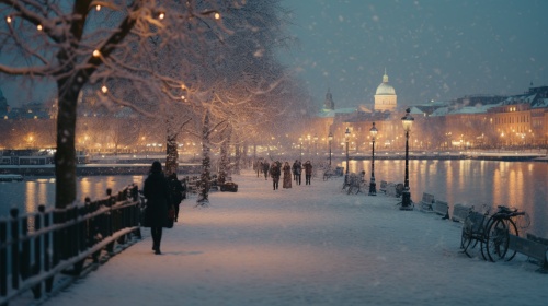 - movie still IMAX MSM 9802 Kodak,Portra,160 8k 斯德哥尔摩的冬天 傍晚行人 雪花