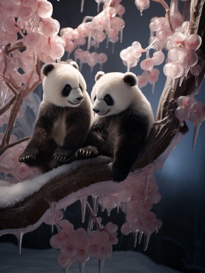 树上悬挂的浪漫熊猫熊冰雕32k UHD