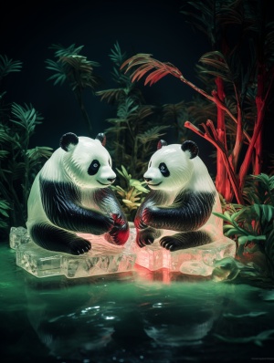 梦幻丛林风景下的32k UHD浪漫插图：熊猫冰雕的特写