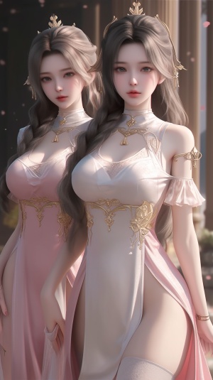 中国古典女孩穿着连衣裙，虚幻引擎5的风格，浅粉色和浅金色，我简直不敢相信这是多么美丽，曲线，动漫美学，天仙朋克，3D渲染，游戏CG，超细致的细节，超高清画质，32K