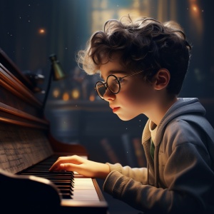 超细节逼真的8k超高清戴眼镜男孩弹钢琴