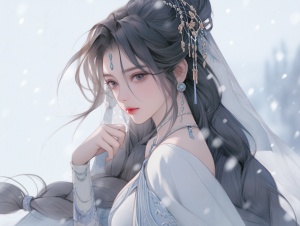公主中国古风女子，穿着华丽的公主裙，口红，精美的发饰，精致的妆容，精致完美的五官，逼真的皮肤，趴在雪地里，32k高清画质