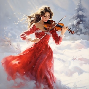 红衣少女站在茫茫的雪地右手托小提琴左手拿琴弓在小提琴上飞舞少女微笑着展示了东方美女的神运大风吹拂少女的裙摆像一团火一样在风中飘动