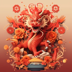 龙，中国传统，红黄相间，春节氛围，喜庆，灯笼，春联，细节丰富