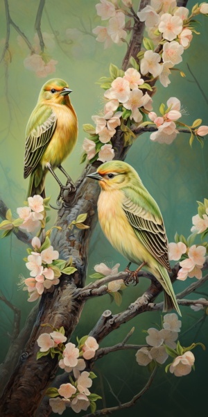 立春细致细节，枝头两只小鸟在绿色背景下的漂亮花