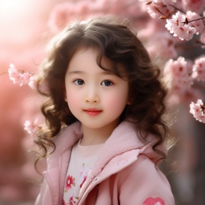 中国小女孩微笑在粉色桃花背景下的超高清画面