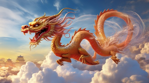 中国春节，天上飞着一条长长的中国龙
