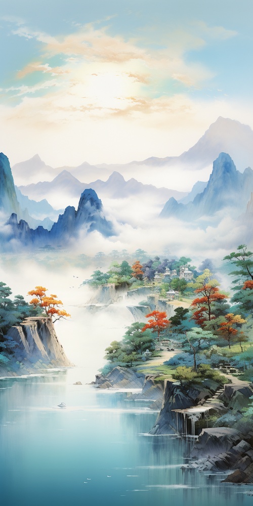 中国山水画，玉石材质，蓝绿白配色，金线勾边，白色背景，明亮的色彩，自然光照，最好的质量，获奖作品，全高清8K