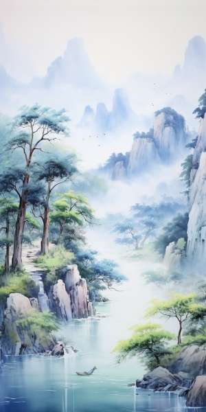 中国山水画，玉石材质，蓝绿白配色，金线勾边，白色背景，明亮的色彩，自然光照，最好的质量，获奖作品，全高清8K