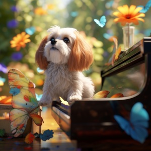 可爱蝴蝶犬弹钢琴：柔和明亮的色彩与3D模型