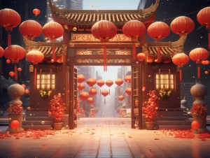 春节，简约中国建筑大门，雪花，烟火，金币，灯笼，红包，春节气氛，C4D建模，OC渲染