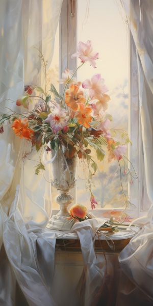 风吹起的窗帘和插满鲜花的花瓶
