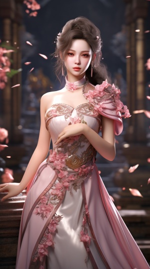 中国古典女孩穿着连衣裙，虚幻引擎5的风格，浅粉色和浅金色，我简直不敢相信这是多么美丽，曲线，动漫美学，天仙朋克，3D渲染，游戏CG，超细致的细节，超高清画质，32K
