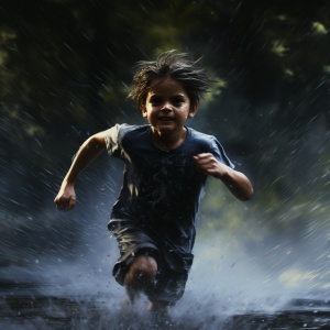 雨中奔跑的男孩背影