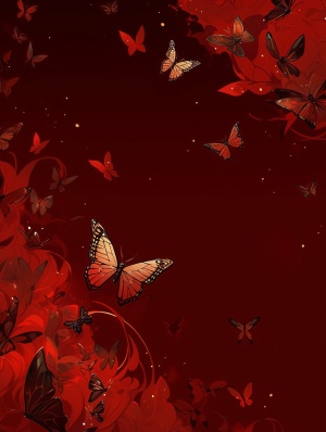 红色背景，暗纹，金色蝴蝶在上面飞