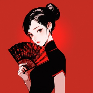 一位年轻的中国女子拿着风扇，短发，以迪士尼风格，嘘，优雅的人物，红色背景，黑色衣服