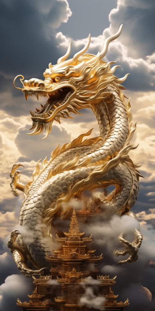 中国龙，金色。在天空 ，云朵