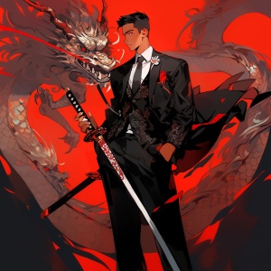 一位年轻的中国男子手中拿剑，以迪士尼风格，嘘，优雅的人物，红色背景，黑色衣服，有一只黑色的龙