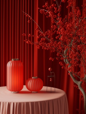 超近景拍摄，春节气氛，喜庆，红色，超远景，红色窗帘作为背景，小红灯笼作为装饰，空桌子的一角，近景，高级感，静物拍摄桌子上摆放着一些现代艺术的红色纸张，采用 cinema4d渲染的风格，装饰启发的几何形状、圆形、天鹅绒质感、工业材料、明亮的原色、东方极简主义红色桌子上的圣诞红色浆果，东方极简主义风格，复杂纹理，极简构图，深粉色，中国新年庆典，自然和人造元素的结合，高分辨率……