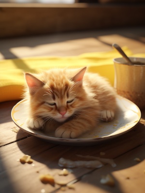 可爱的黄色猫猫躺在光线充足的地板上