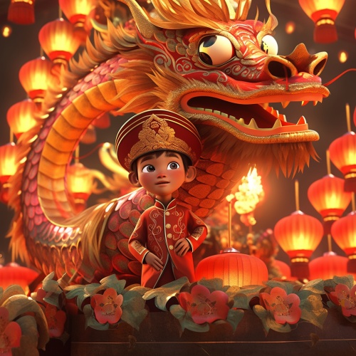a asian boy and his monther wearing Chinese dragon hat, Chinese Year of the Dragon, big eyes,gold coin decoration, full body,Pixar animation, ip design, 8k, super fine details, resin, best quality oc rendering, strong light effect, super details, 3D rendering, HD, 8k ar 3:4 niji 6 s 750 style raw