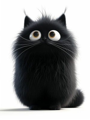 Chubby Cute Fluffy Black Cat on White Background