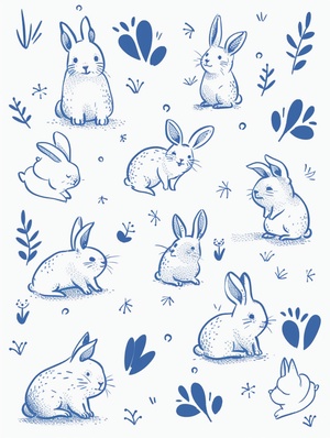 Cute Blue and White Line Sticker Set with Yu Nagaba's Rabbits and Delicacies