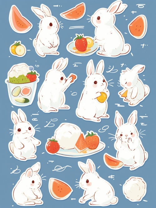 Sticker,blue and white line draft,Yu Nagaba,rabbits and delicacies,18 pieces,cute,different actions,cute