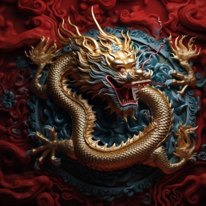 a chinese dragon embroidery in the middle of a red background, in the style of drapery, ethereal imagery, emerald, swirling vortexes, macro photography, kintsugi, colorful animation stills