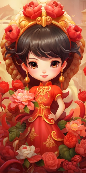 金色龙与红衣女孩的中国风盛装舞会