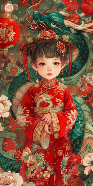 龙，中国传统，红绿相间，春节氛围，喜庆，细节丰富，女孩五岁，红衣服， 圆脸， 杏仁眼，俏皮，开心的笑，背景布满鲜花，五颜六色， 细节丰富