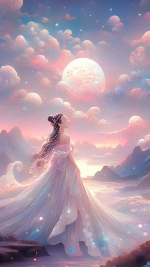 一个穿着粉红色连衣裙的东方女孩，站在傍晚的天空前俯瞰群山，天上有一轮元月，彩色旋转的云层围绕在月亮周围，以kawacy，错综复杂的点彩主义，浅蓝色和浅白色，浪漫的月光海景，彩虹色乳白色，星星点点闪闪发光，彩色的发光气泡，最高质量，最高精度，超高清画质
