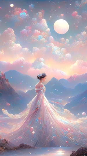 一个穿着粉红色连衣裙的东方女孩，站在傍晚的天空前俯瞰群山，天上有一轮元月，彩色旋转的云层围绕在月亮周围，以kawacy，错综复杂的点彩主义，浅蓝色和浅白色，浪漫的月光海景，彩虹色乳白色，星星点点闪闪发光，彩色的发光气泡，超真实，最高质量，最高精度，超高清画质