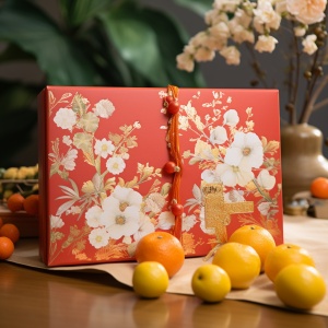 写意风格，高端水果礼盒，中国春节礼品，红色，金色，体现春夏秋冬的四季变化，艺术感，礼盒的名字是礼橙