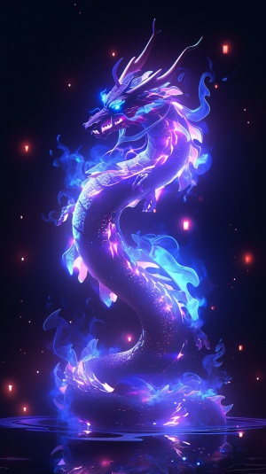 Magic,Cinematic visualization , bright and colorful , glowing translucent fluorescence , Chinese dragon dissolves and disappears into particles , dynamic forces , constraints , physics simulation refinement position , front view , glowing particles , close - up , optical flares , after effects , lighting style
