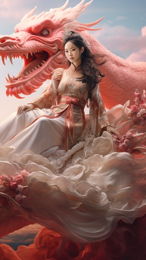 Enchanting Chinese Woman on a Dragon in Dreamlike Illustration