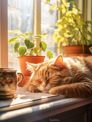 阳光充足、橘猫懒洋洋地睡在桌上
