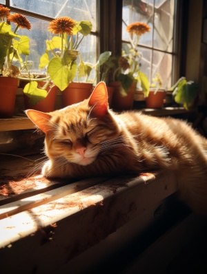 阳光充足、橘猫懒洋洋地睡在桌上