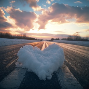 立在路中的厚雪心形立体雕塑