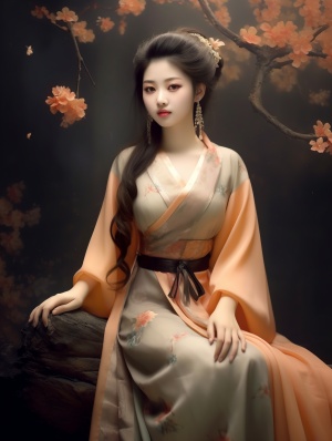 中国古典美女，优雅高贵，汉服纱裙，灰色与橘色搭配，背景有桃花，古装写真，专业摄影，中景，超真实，超细腻，超高清画质，最高精度，32K