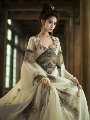 中国古典美女，姿态优雅，气质高贵，白色拖地汉服长纱裙，带花纹，宫廷背景，浅景深，古装写真，专业摄影，中景，超真实，超细腻，超高清画质，最高精度，64K