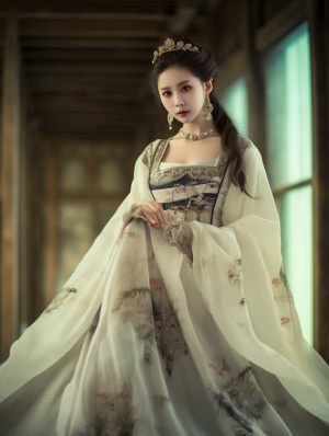 中国古典美女，姿态优雅，气质高贵，白色拖地汉服长纱裙，带花纹，宫廷背景，浅景深，古装写真，专业摄影，中景，超真实，超细腻，超高清画质，最高精度，64K