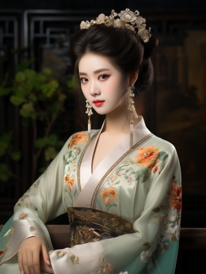 中国古典美女，五官精致，面部灯光打亮，姿态优雅，气质高贵，白色拖地汉服长纱裙，带花纹，宫廷背景，浅景深，古装写真，专业摄影，中景，超真实，超细腻，超高清画质，最高精度，64K