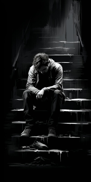 一个男人，坐在台阶上，背影，伤感，失落，无助，黑色背景，从上往下的角度，阶梯，手机壁纸